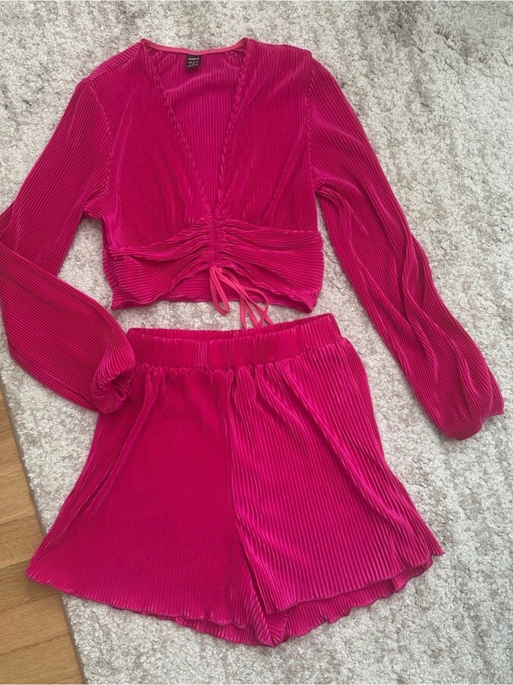 SHEIN Hot Pink Ribbed High Waist Shorts Set